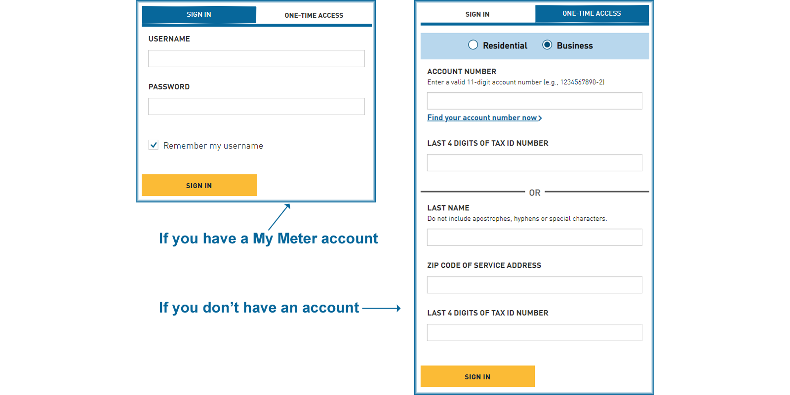 PG&E log in screens